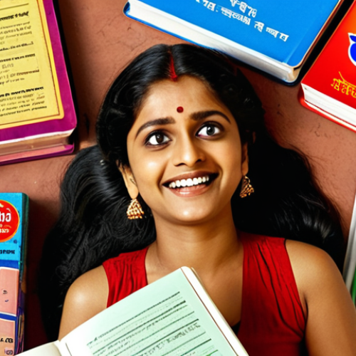 Home 15 ** A person enthusiastically watching a Bollywood movie with subtitles, while surrounded by Hindi learning materials (textbooks, flashcards with Devanagari script). The atmosphere is colorful and inviting, suggesting the joy of learning through cultural immersion. Focus on vibrant Indian elements in the background.
**