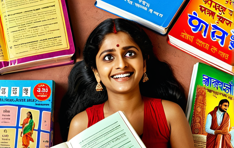 ** A person enthusiastically watching a Bollywood movie with subtitles, while surrounded by Hindi learning materials (textbooks, flashcards with Devanagari script). The atmosphere is colorful and inviting, suggesting the joy of learning through cultural immersion. Focus on vibrant Indian elements in the background.
**