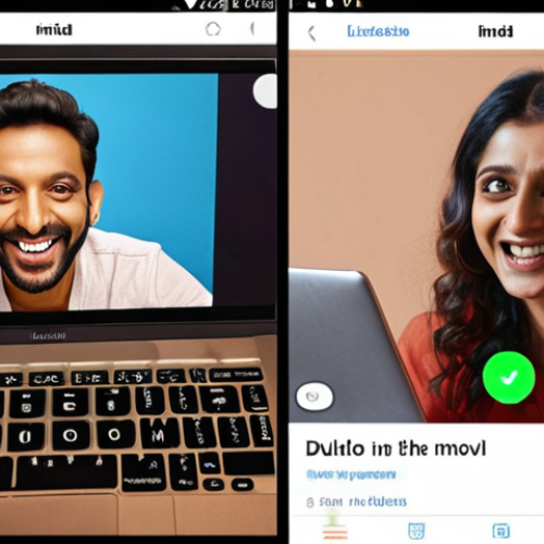 Home 7 **
A split-screen. On one side, a person is happily using the Duolingo app on a phone, with Hindi lessons displayed. On the other side, a person is watching a Bollywood movie on a laptop, with French subtitles visible. Both are smiling. The scene should be bright and cheerful, conveying the joy of learning.
**