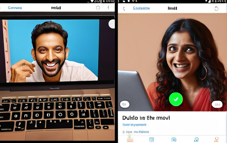 **
A split-screen. On one side, a person is happily using the Duolingo app on a phone, with Hindi lessons displayed. On the other side, a person is watching a Bollywood movie on a laptop, with French subtitles visible. Both are smiling. The scene should be bright and cheerful, conveying the joy of learning.
**