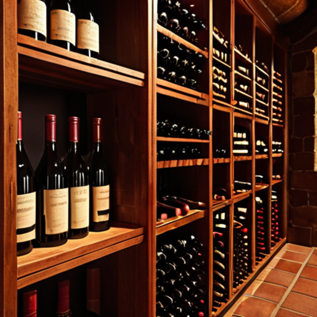 **

> A warmly lit wine cellar, showcasing various red wine bottles aging on wooden racks. Focus on the rich colors of the wine and the dimly lit atmosphere.

**