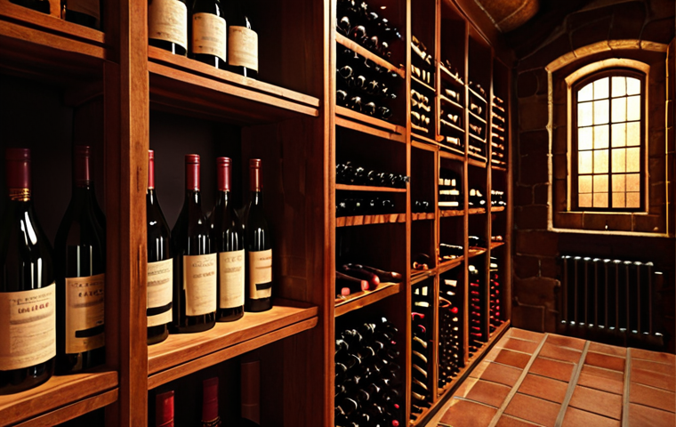 **
> A warmly lit wine cellar, showcasing various red wine bottles aging on wooden racks. Focus on the rich colors of the wine and the dimly lit atmosphere.
**