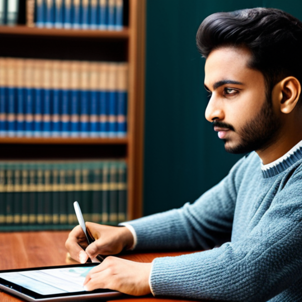 A young adult, fully clothed in a modest sweater and neat trousers, intensely focused on a tablet displaying an Hindi language learning application. The screen clearly shows Devanagari script and interactive grammar exercises. They are seated at a clean, modern wooden desk in a brightly lit, professional study room with a blurred bookshelf in the background. The pose is natural and focused. Safe for work, appropriate content, fully clothed, professional, perfect anatomy, correct proportions, well-formed hands, proper finger count, natural body proportions, high quality photography, soft lighting.