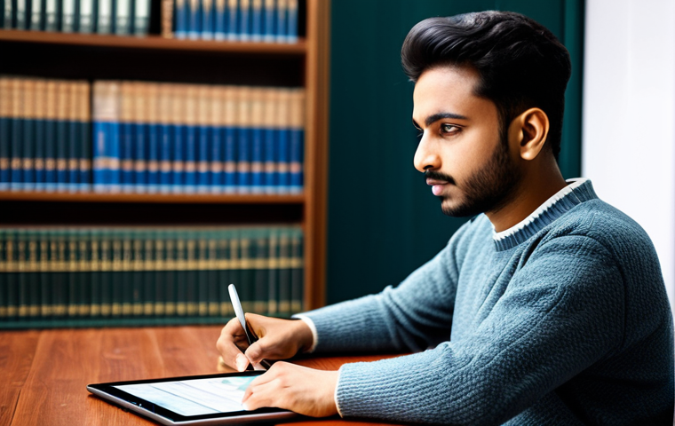 A young adult, fully clothed in a modest sweater and neat trousers, intensely focused on a tablet displaying an Hindi language learning application. The screen clearly shows Devanagari script and interactive grammar exercises. They are seated at a clean, modern wooden desk in a brightly lit, professional study room with a blurred bookshelf in the background. The pose is natural and focused. Safe for work, appropriate content, fully clothed, professional, perfect anatomy, correct proportions, well-formed hands, proper finger count, natural body proportions, high quality photography, soft lighting.