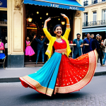 **

"A vibrant street scene in Paris, featuring a Bollywood-themed dance performance. French dancers in colorful, Bollywood-inspired costumes are performing in front of a Parisian cafe.  Background includes iconic Parisian architecture subtly adorned with Indian patterns. The overall atmosphere is festive and joyful. Safe for work, appropriate content, fully clothed, modest clothing, professional quality, perfect anatomy, natural proportions."

**