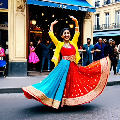 Home 20 **
"A vibrant street scene in Paris, featuring a Bollywood-themed dance performance. French dancers in colorful, Bollywood-inspired costumes are performing in front of a Parisian cafe. Background includes iconic Parisian architecture subtly adorned with Indian patterns. The overall atmosphere is festive and joyful. Safe for work, appropriate content, fully clothed, modest clothing, professional quality, perfect anatomy, natural proportions."
**