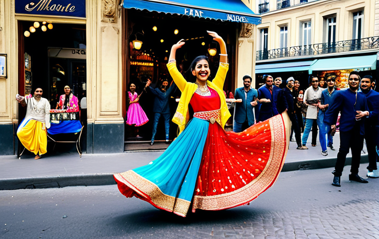 **
"A vibrant street scene in Paris, featuring a Bollywood-themed dance performance. French dancers in colorful, Bollywood-inspired costumes are performing in front of a Parisian cafe. Background includes iconic Parisian architecture subtly adorned with Indian patterns. The overall atmosphere is festive and joyful. Safe for work, appropriate content, fully clothed, modest clothing, professional quality, perfect anatomy, natural proportions."
**