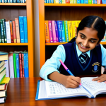 **

"A cheerful student, fully clothed in appropriate school attire, studying a Devanagari script textbook at a brightly lit desk. The desk is organized with colorful pens and notebooks. Background shows a cozy study room with bookshelves and a world map. Safe for work, appropriate content, professional, modest, perfect anatomy, correct proportions, natural pose, well-formed hands, proper finger count, natural body proportions, high quality."

**