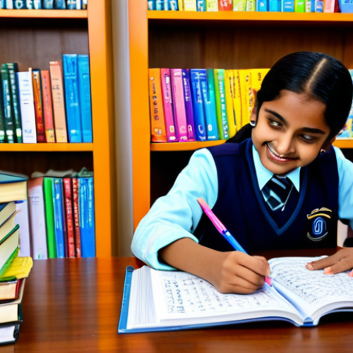 Home 19 **
"A cheerful student, fully clothed in appropriate school attire, studying a Devanagari script textbook at a brightly lit desk. The desk is organized with colorful pens and notebooks. Background shows a cozy study room with bookshelves and a world map. Safe for work, appropriate content, professional, modest, perfect anatomy, correct proportions, natural pose, well-formed hands, proper finger count, natural body proportions, high quality."
**