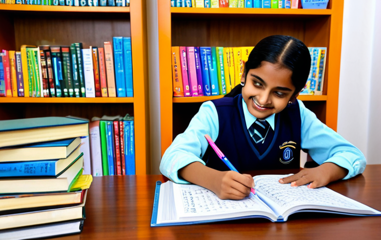 **
"A cheerful student, fully clothed in appropriate school attire, studying a Devanagari script textbook at a brightly lit desk. The desk is organized with colorful pens and notebooks. Background shows a cozy study room with bookshelves and a world map. Safe for work, appropriate content, professional, modest, perfect anatomy, correct proportions, natural pose, well-formed hands, proper finger count, natural body proportions, high quality."
**