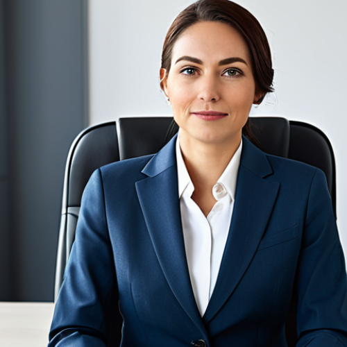 Home 18 A professional businesswoman in a modest business suit, sitting at a desk in a modern office, fully clothed, appropriate attire, safe for work, perfect anatomy, natural proportions, professional photography, high quality.