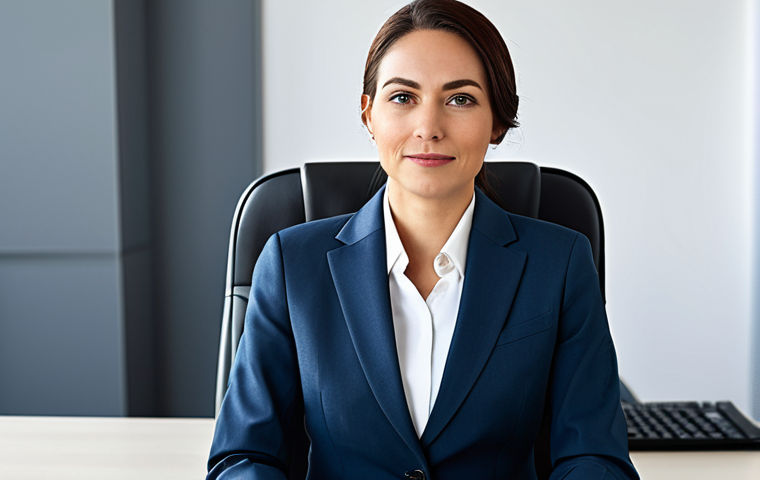 A professional businesswoman in a modest business suit, sitting at a desk in a modern office, fully clothed, appropriate attire, safe for work, perfect anatomy, natural proportions, professional photography, high quality.