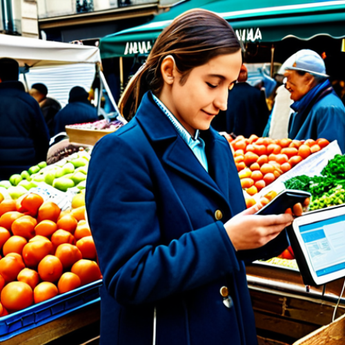 Home 7 힌디어와 결제 시스템 - UPI Payment at a Market Stall**
"A vendor at a bustling Parisian market stall, surrounded by fresh ...