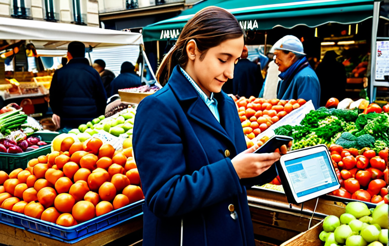 힌디어와 결제 시스템 - UPI Payment at a Market Stall**
"A vendor at a bustling Parisian market stall, surrounded by fresh ...