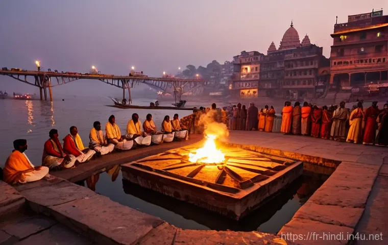힌디어와 장례 문화 - **Prompt:** An ethereal and serene image depicting the Hindu ritual of purifying the deceased's body... 힌디어와 장례 문화 - **Prompt:** An ethereal and serene image depicting the Hindu ritual of purifying the deceased's body...