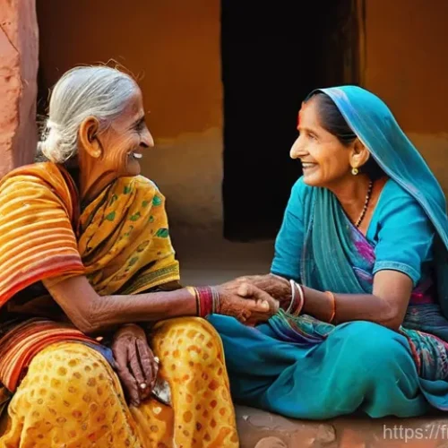 Home 18 힌디어 방언 종류 - **Prompt:** A heartwarming scene in a traditional Rajasthani village. An elderly Rajasthani woman wi...
