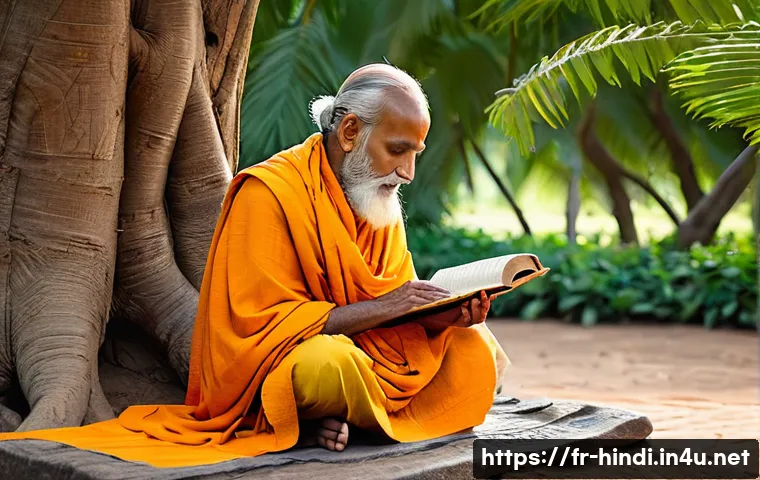 힌디어 산스크리트어 관계 - **Prompt:** A serene and contemplative image of an ancient Indian guru, with kind, wise eyes, dresse...