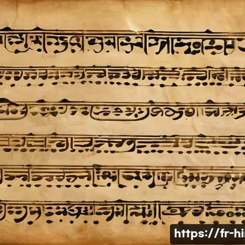 힌디어 알파벳 구조 - A close-up, high-resolution image of handwritten Devanagari script on aged parchment paper, showcasi...
