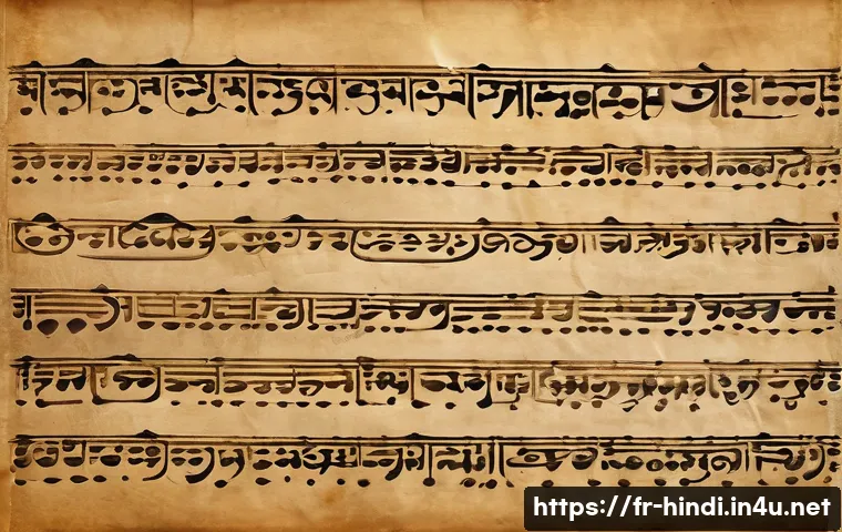 힌디어 알파벳 구조 - A close-up, high-resolution image of handwritten Devanagari script on aged parchment paper, showcasi...
