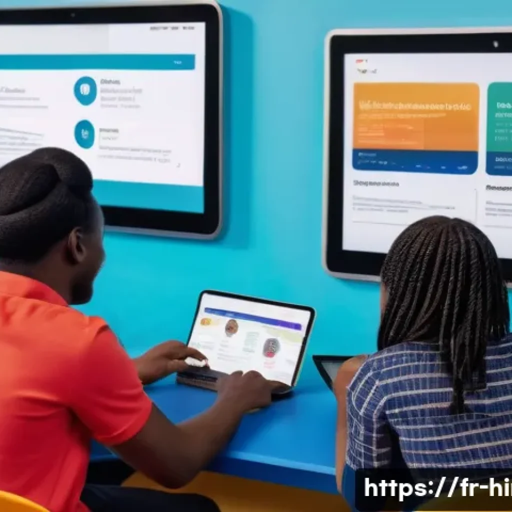 힌디어와 가상화폐 - A vibrant digital classroom scene set in a French-speaking African community, showing diverse young ...