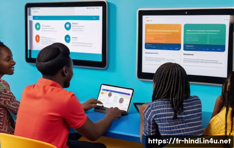 힌디어와 가상화폐 - A vibrant digital classroom scene set in a French-speaking African community, showing diverse young ...