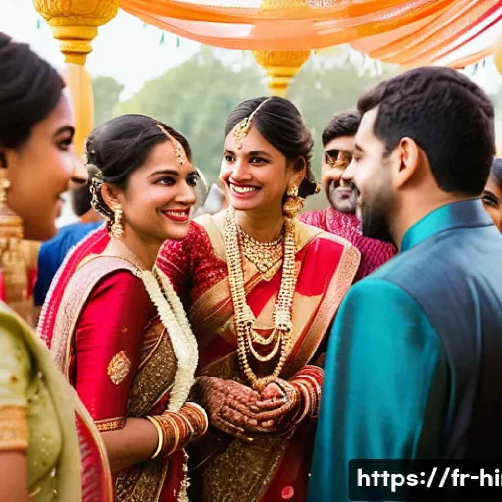 힌디어와 인도의 전통 의상 - A vibrant Indian wedding scene featuring a bride wearing a richly embroidered red sari with gold thr...