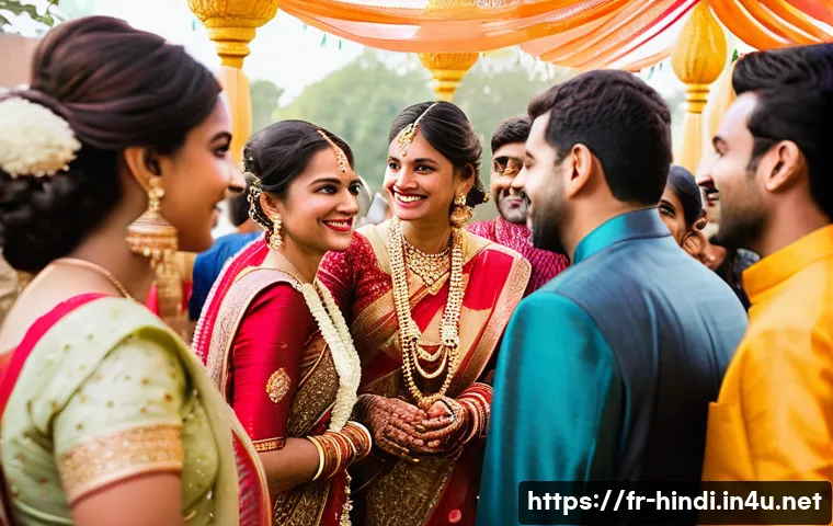 힌디어와 인도의 전통 의상 - A vibrant Indian wedding scene featuring a bride wearing a richly embroidered red sari with gold thr...
