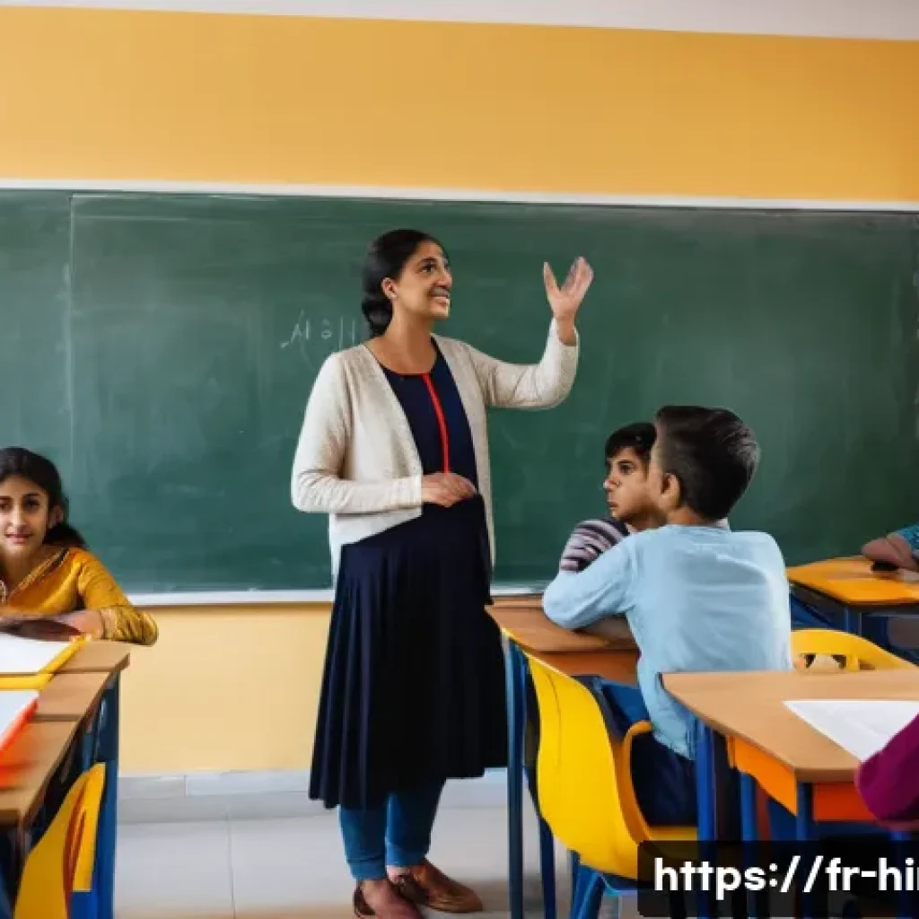 힌디어 가르치는 법 - A vibrant classroom scene in a modern French language school, where diverse adult students attentive...