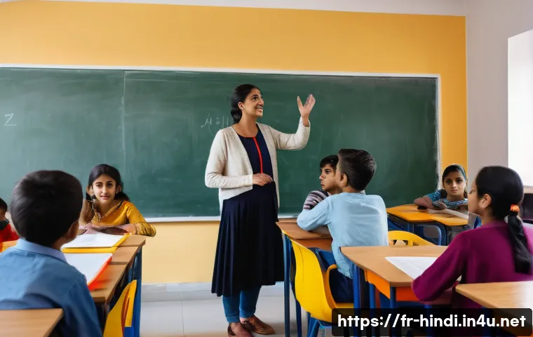 힌디어 가르치는 법 - A vibrant classroom scene in a modern French language school, where diverse adult students attentive...
