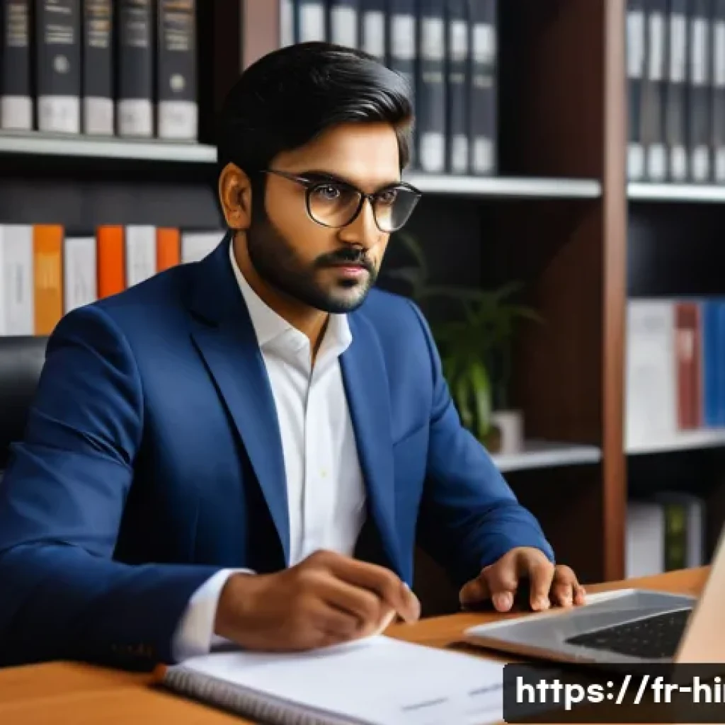 힌디어 이메일 작성법 - A professional office scene showing an Indian man in formal attire, wearing a tailored navy blue sui...