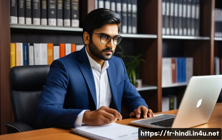 힌디어 이메일 작성법 - A professional office scene showing an Indian man in formal attire, wearing a tailored navy blue sui...