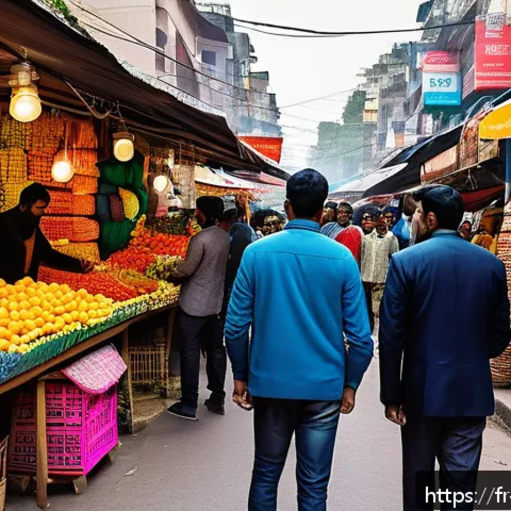 힌디어로 인도 주식시장 분석 - A vibrant urban Indian street market scene in 2024, bustling with a diverse group of young professio...