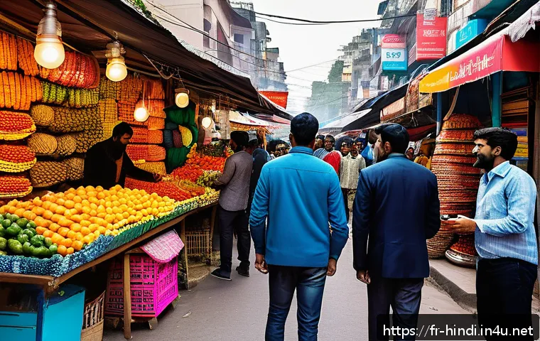 힌디어로 인도 주식시장 분석 - A vibrant urban Indian street market scene in 2024, bustling with a diverse group of young professio...