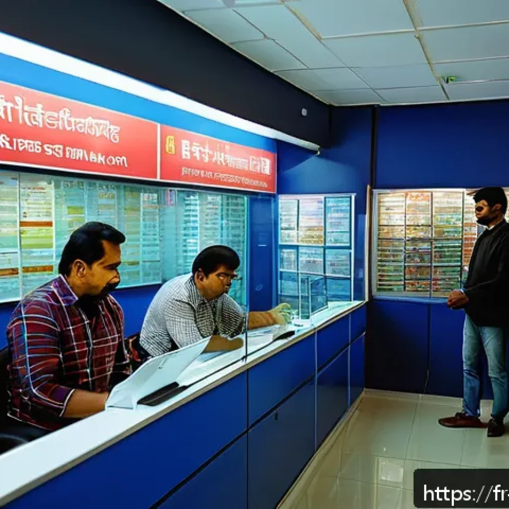 힌디어 환전 관련 용어 - A bustling Indian currency exchange office in a modern city setting, showing diverse travelers and l...