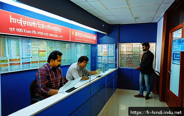 힌디어 환전 관련 용어 - A bustling Indian currency exchange office in a modern city setting, showing diverse travelers and l...