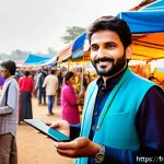 힌디어와 인도의 스타트업 - A vibrant Indian rural marketplace scene showcasing local entrepreneurs presenting their digital sta...