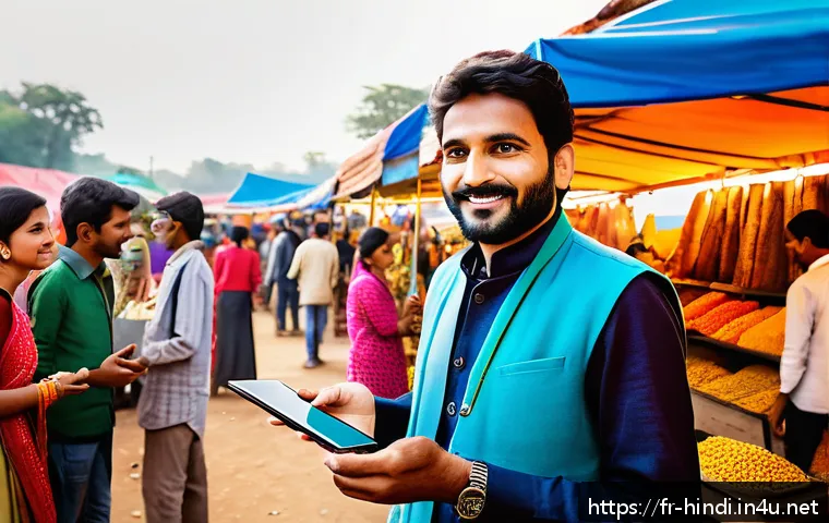 힌디어와 인도의 스타트업 - A vibrant Indian rural marketplace scene showcasing local entrepreneurs presenting their digital sta...