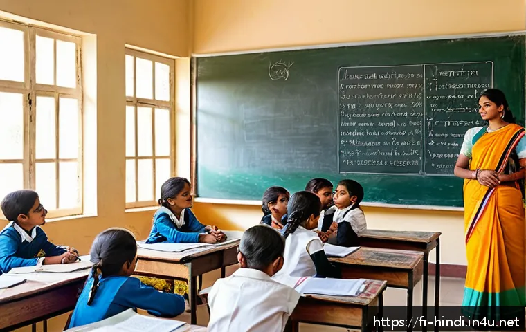 힌디어 명사와 형용사 - A vibrant classroom scene in a modern Indian school, showing a diverse group of attentive students o...