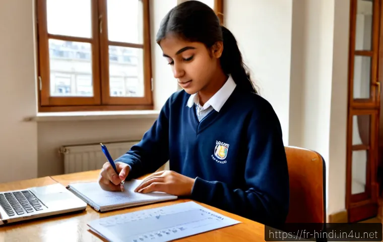 힌디어로 공부하는 과목 - Photorealistic French high school student studying Hindi language at a tidy desk in a bright Paris a...