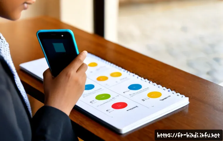 힌디어 어플 추천 - Photorealistic close-up of a French adult learner at a bright Paris apartment desk using a smartphon...